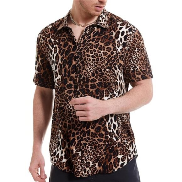 Men's Leopard Printed Disco Shirts Short Sleeve Button Down Casual Shirt - Picture 5 of 7